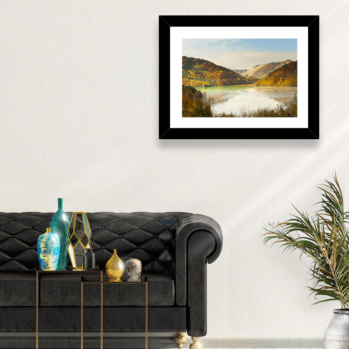 Bright Green Tailings Lake Wall Art in a room, landscape