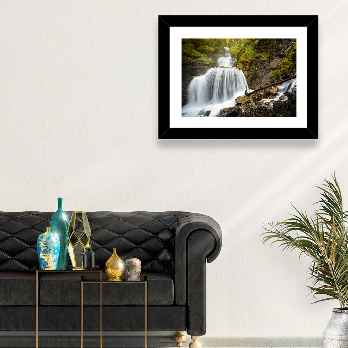White Cascade Over Mossy Rocks Wall Art