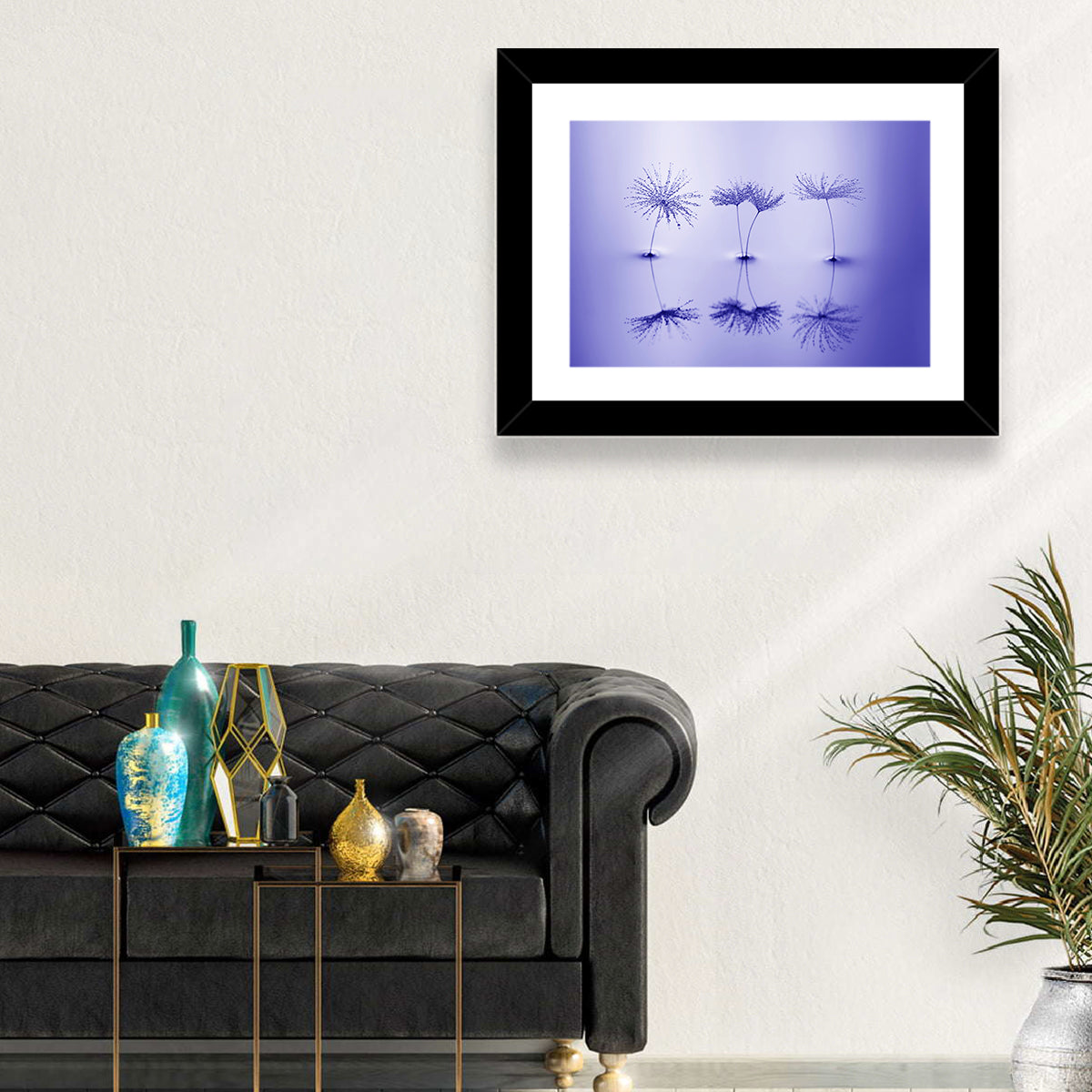 Blue Dandelion Seeds with Reflections Wall Art in a room, landscape