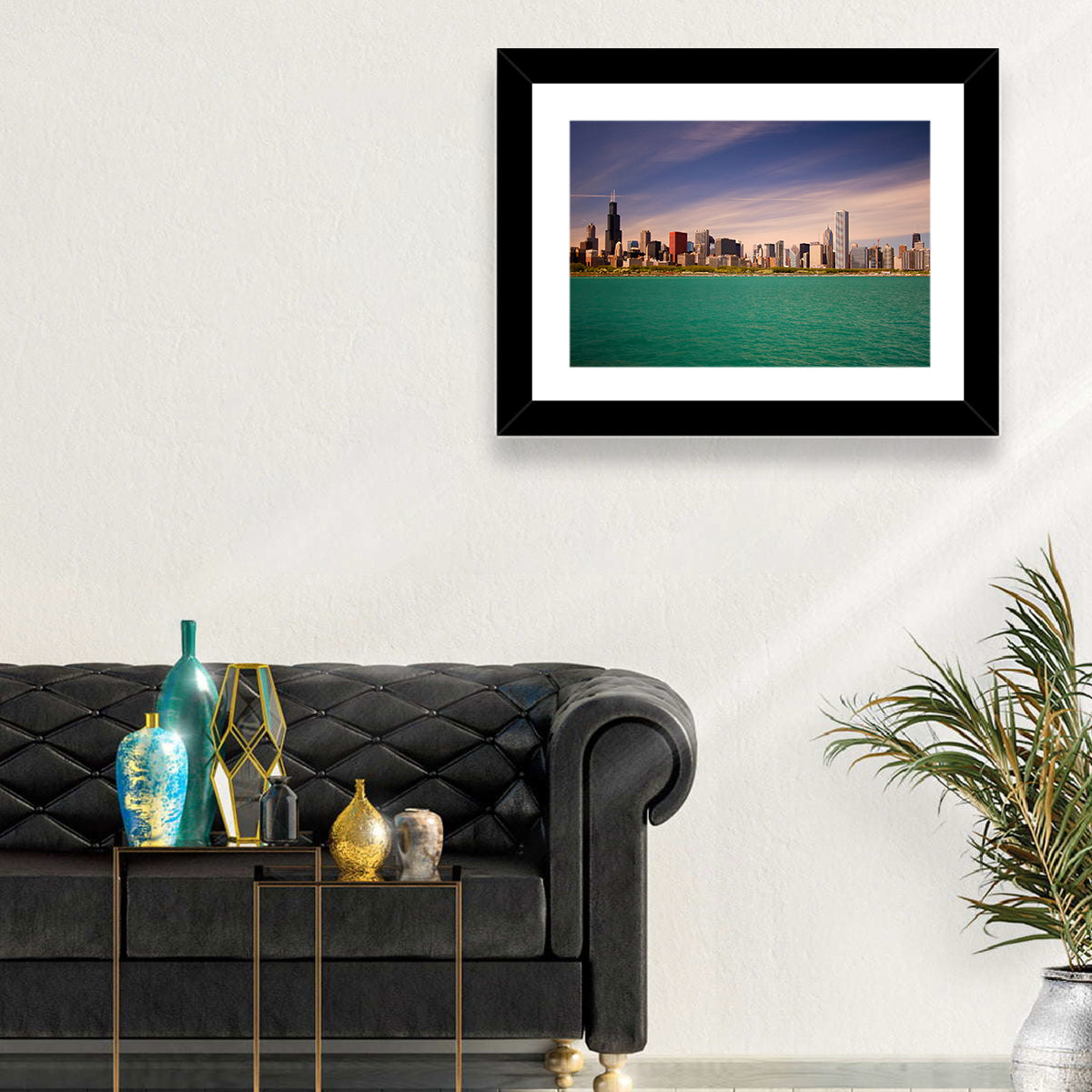 Chicago Skyline Above Lake Michigan Wall Art in a room, landscape