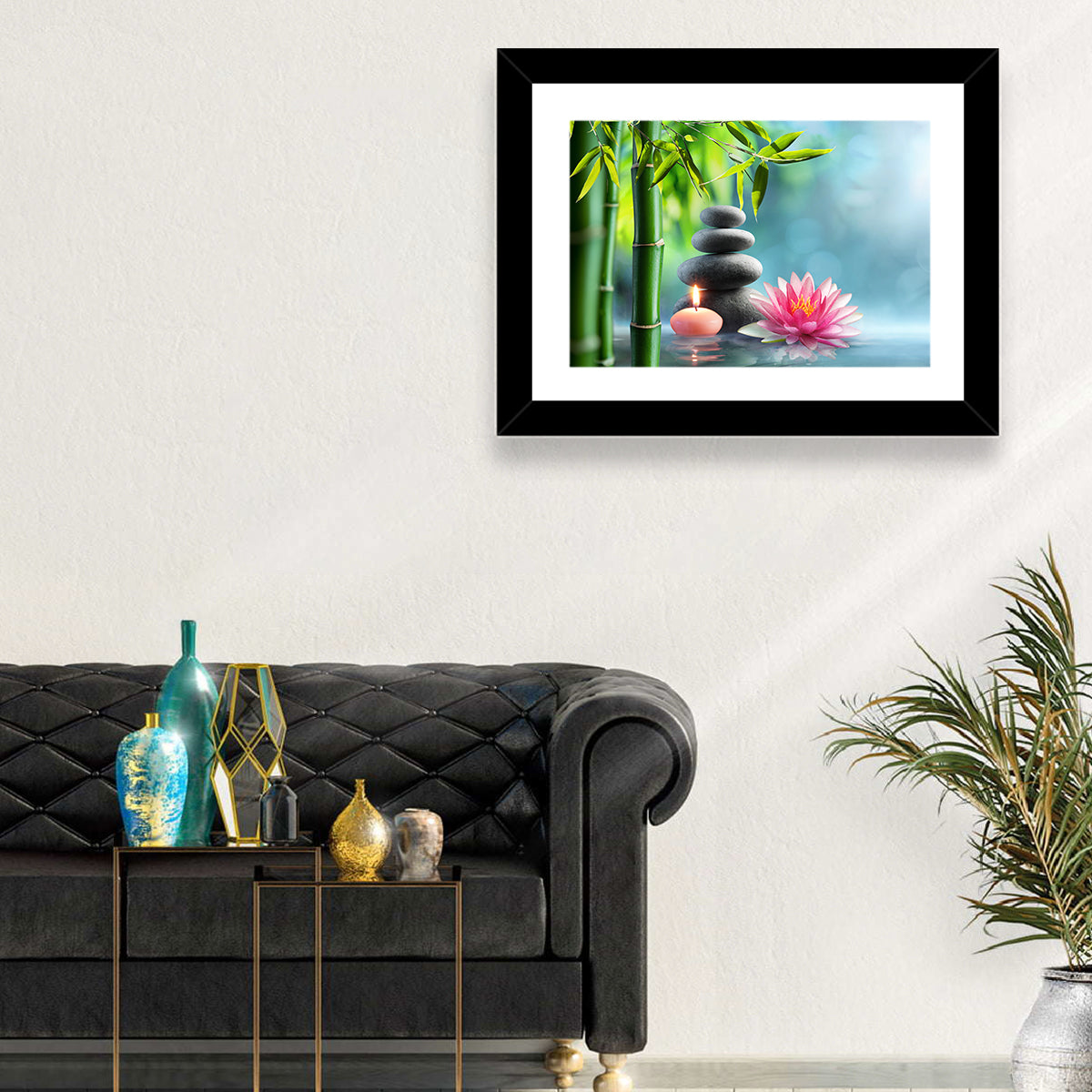 Zen Massage Stones with Waterlily Wall Art in a room, landscape