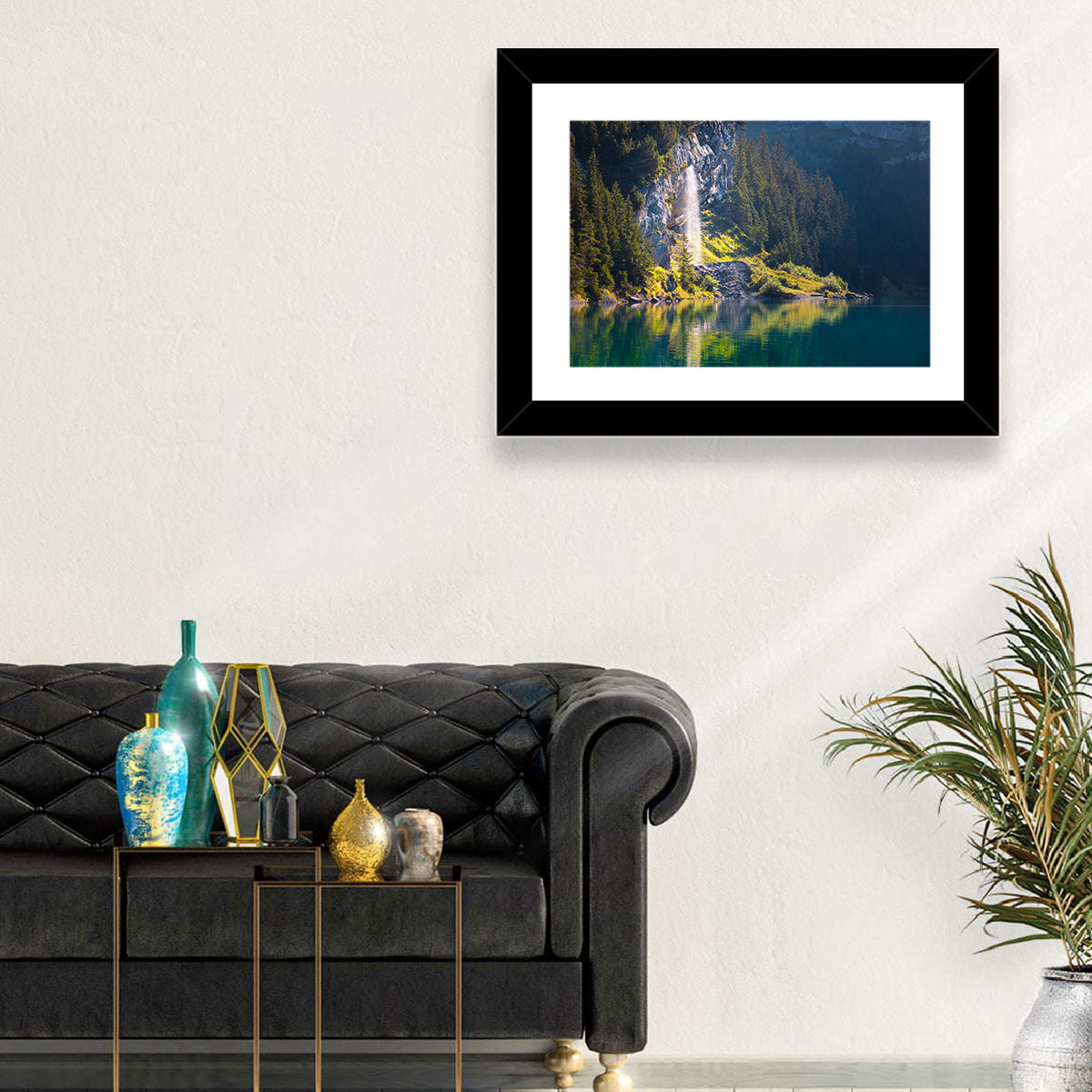 Lake Oeschinen Waterfall Reflection Wall Art in a room, landscape
