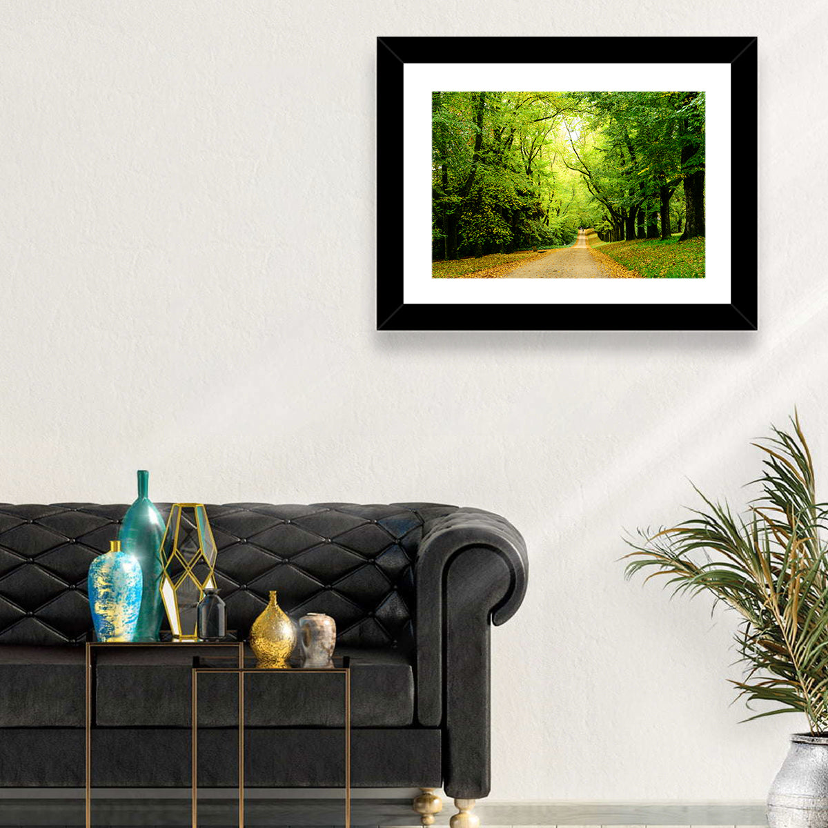 Sunlit Forest Pathway Wall Art in a room, landscape