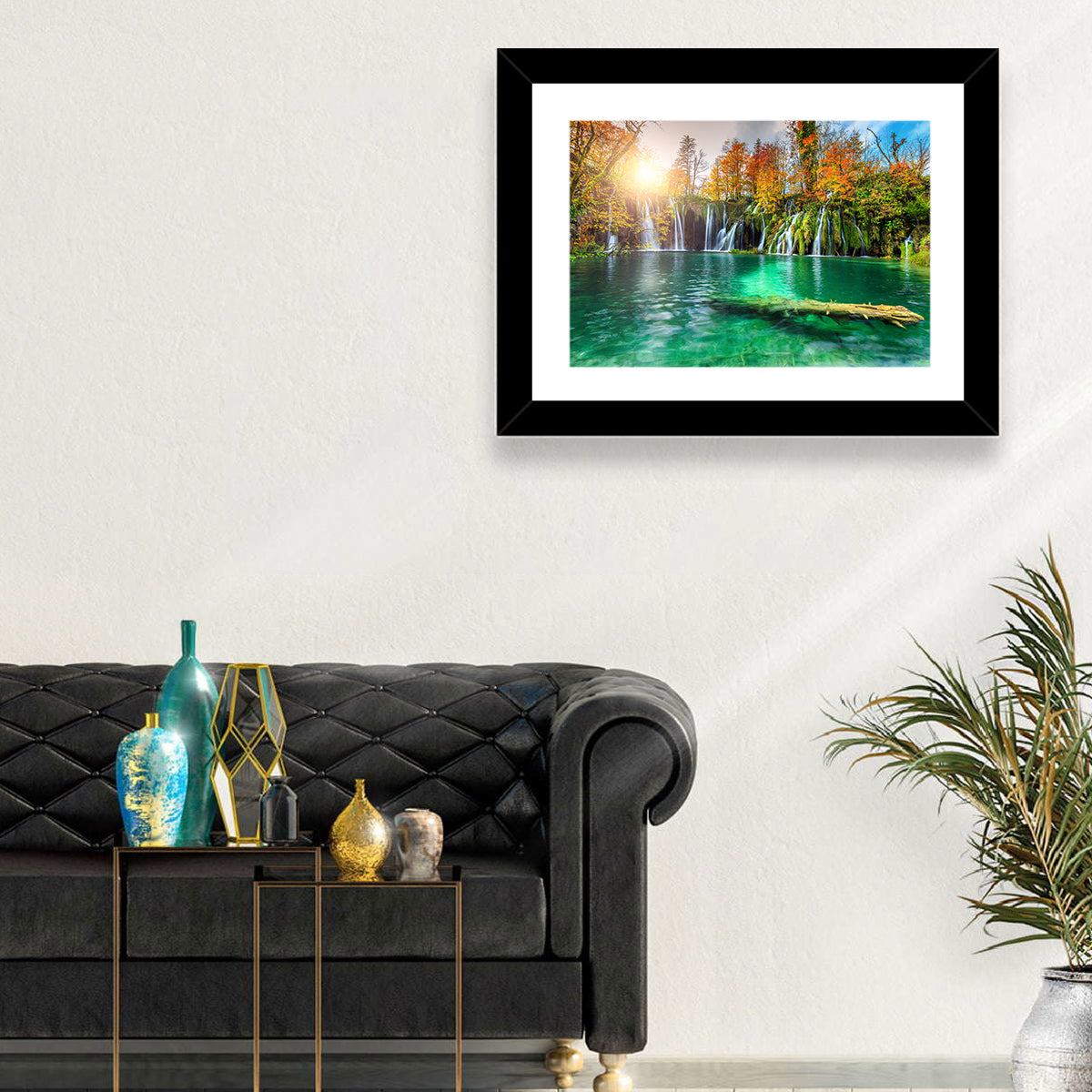 Autumn Waterfalls at Plitvice Lakes Wall Art in a room, landscape