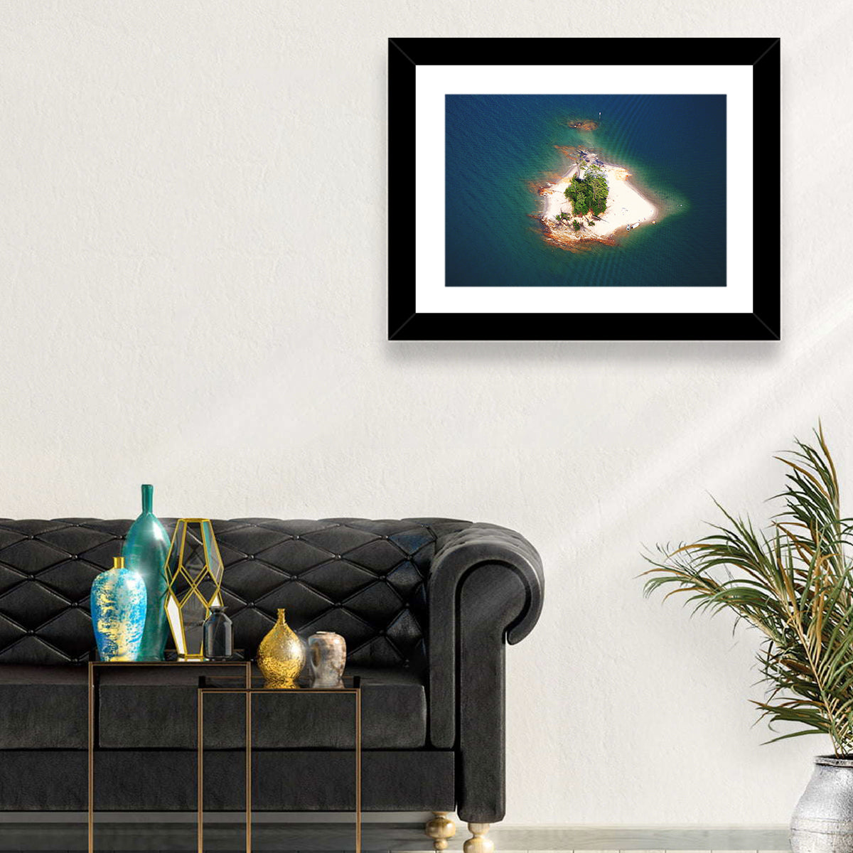 Lake Lanier Island Aerial View Wall Art in a room, landscape