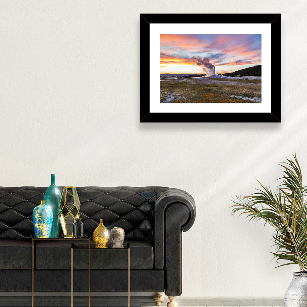 Old Faithful Erupting at Sunset Wall Art