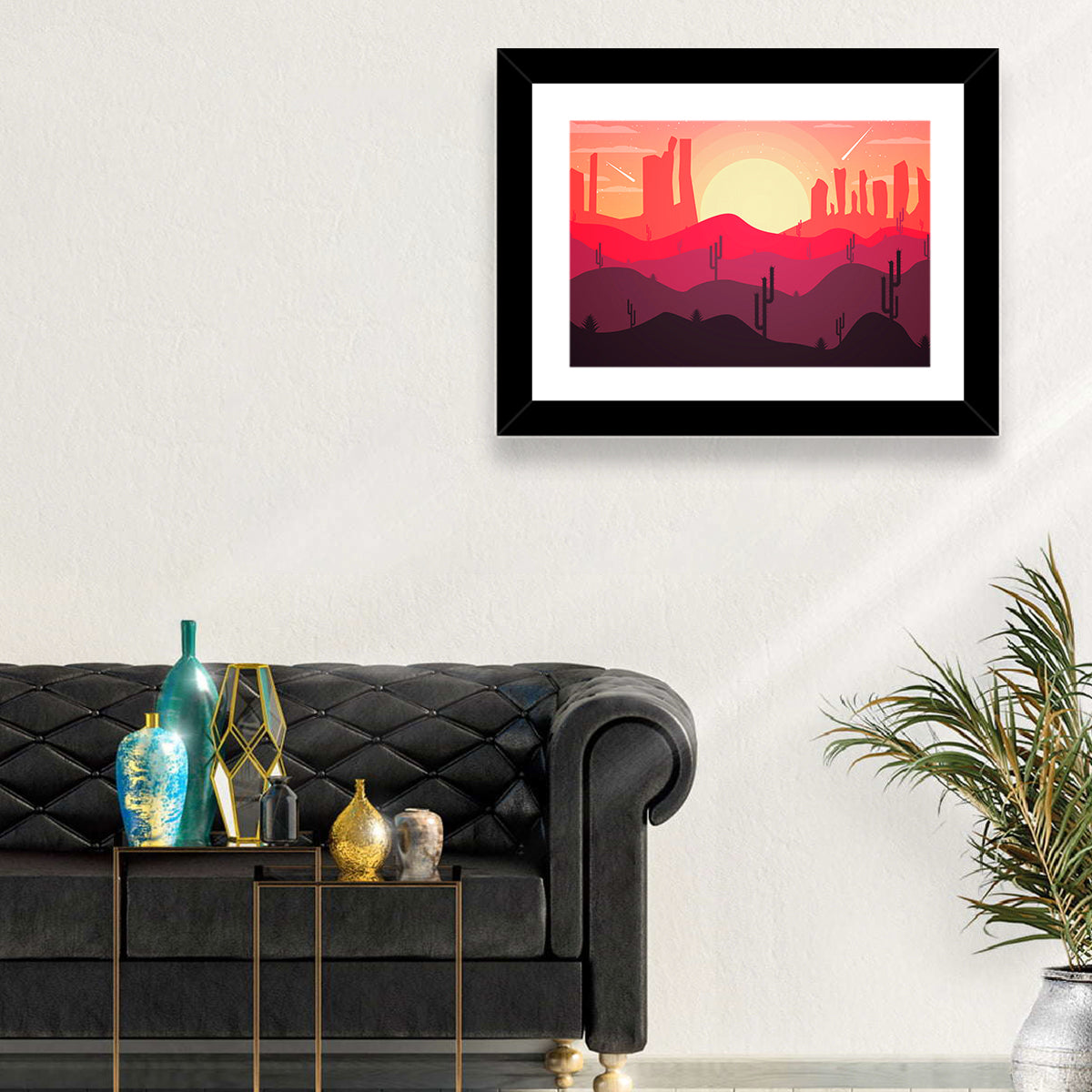 Sunset Desert Cacti Wall Art in a room, landscape