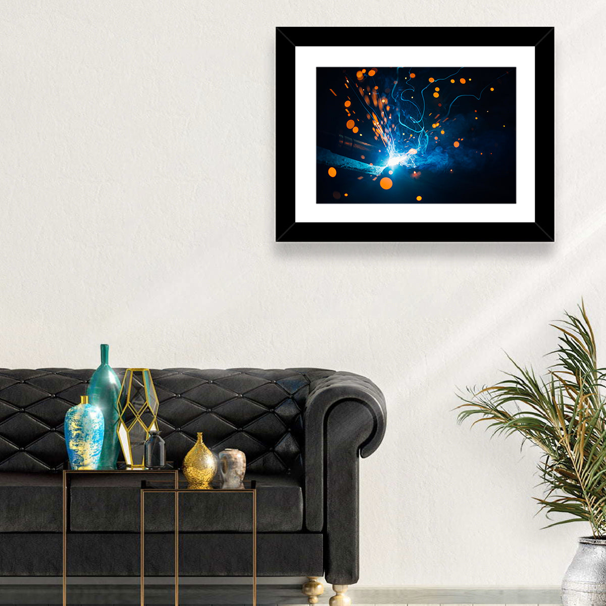Bright Blue Welding Sparks Wall Art in a room, landscape