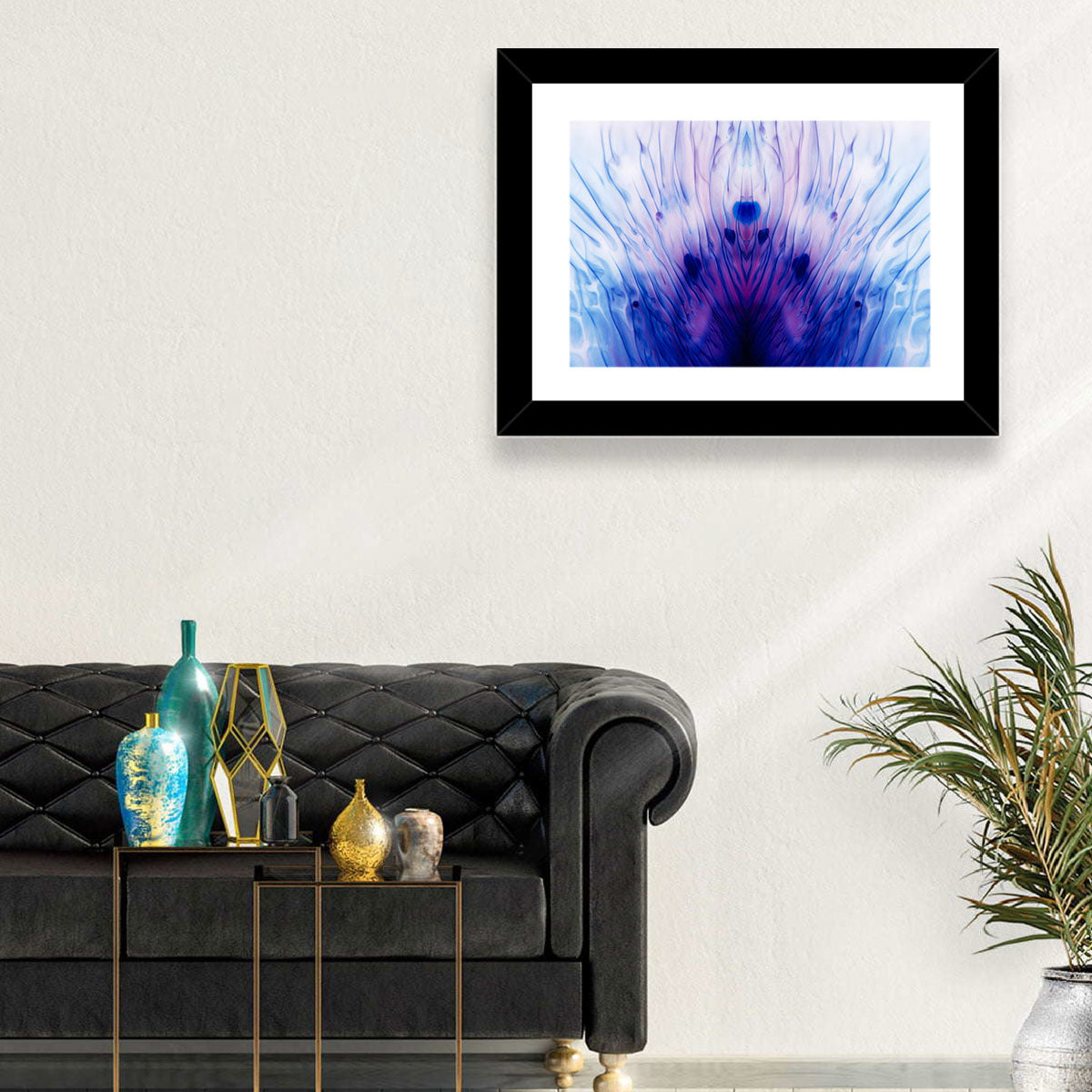 Mirrored Ink Splotch Abstract Wall Art in a room, landscape