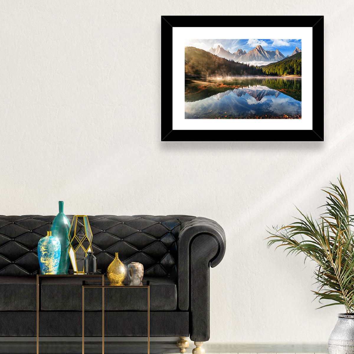 Morning Mist Mountain Lake Wall Art in a room, landscape