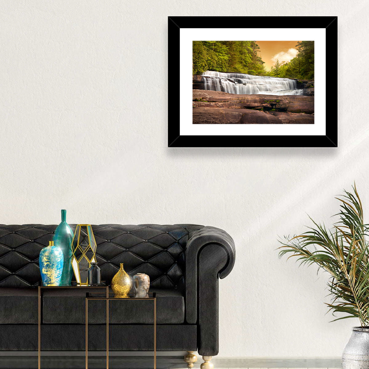 Blue Ridge Waterfall at Golden Hour Wall Art in a room, landscape