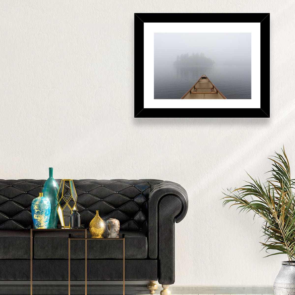 Canoe on Misty Ontario Lake Wall Art in a room, landscape