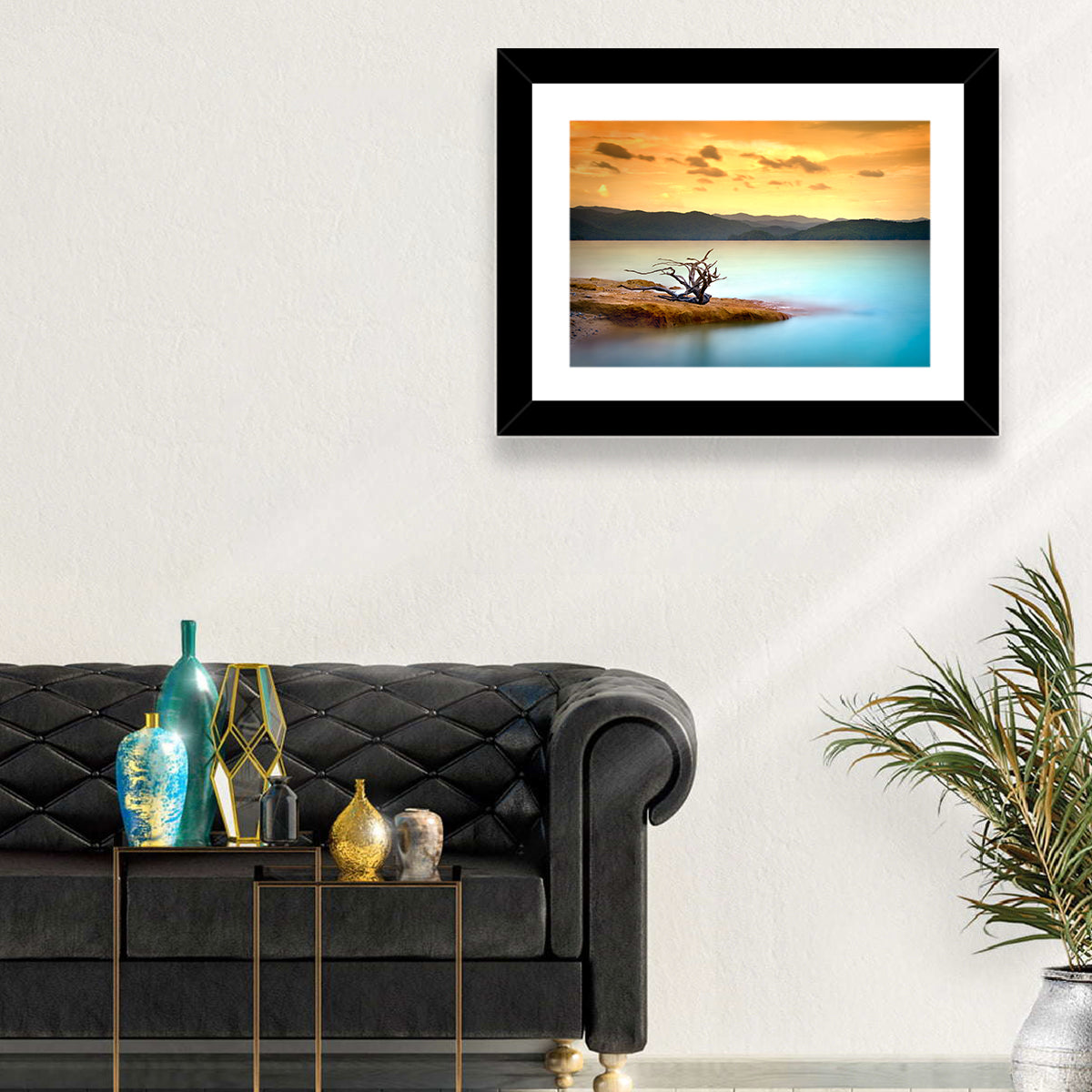 Gnarled Driftwood at Turquoise Lake Wall Art in a room, landscape