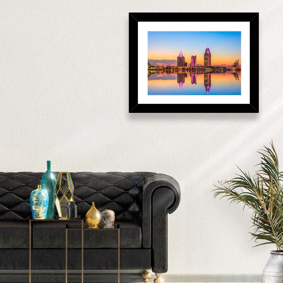 Mobile Alabama Sunset Skyline Wall Art in a room, landscape