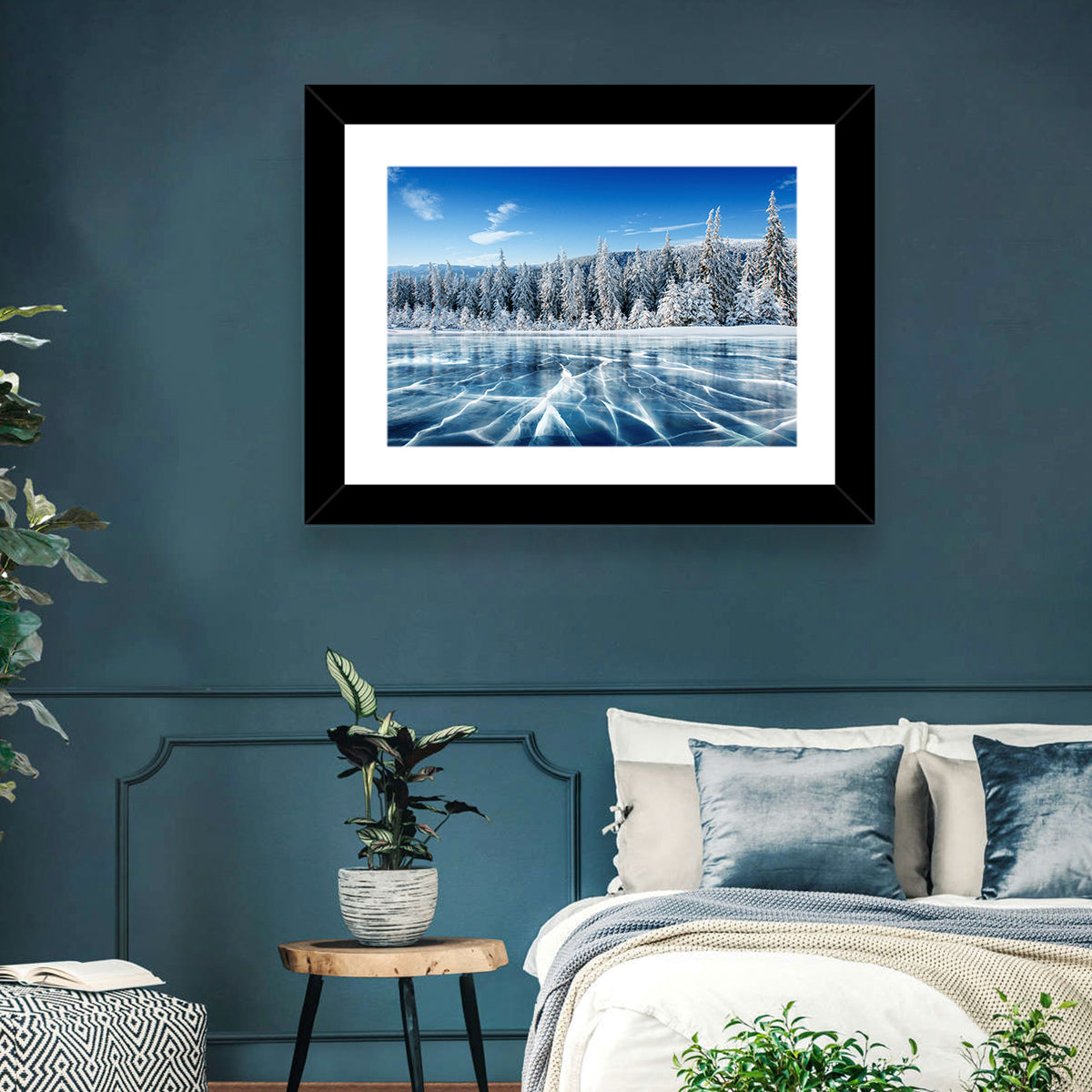 Cracked Ice Lake with Snowy Pines Wall Art in a room, landscape
