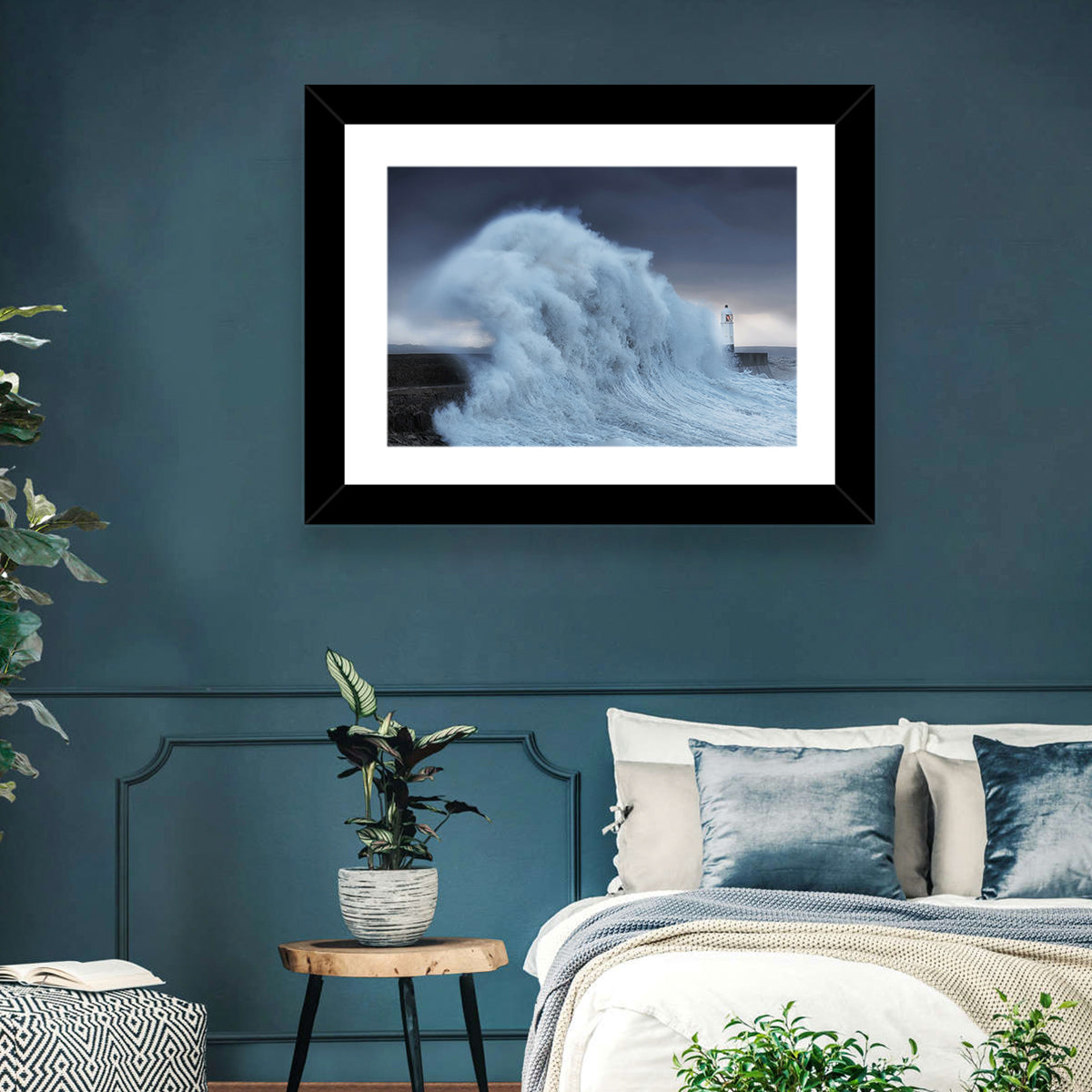 Lighthouse in a Sea Storm Wall Art in a room, landscape