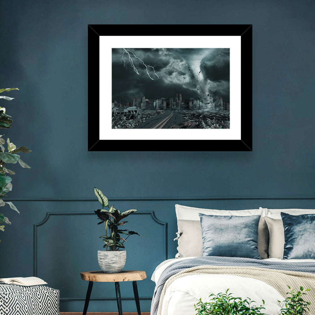 Tornado Over Destroyed City Skyline Wall Art