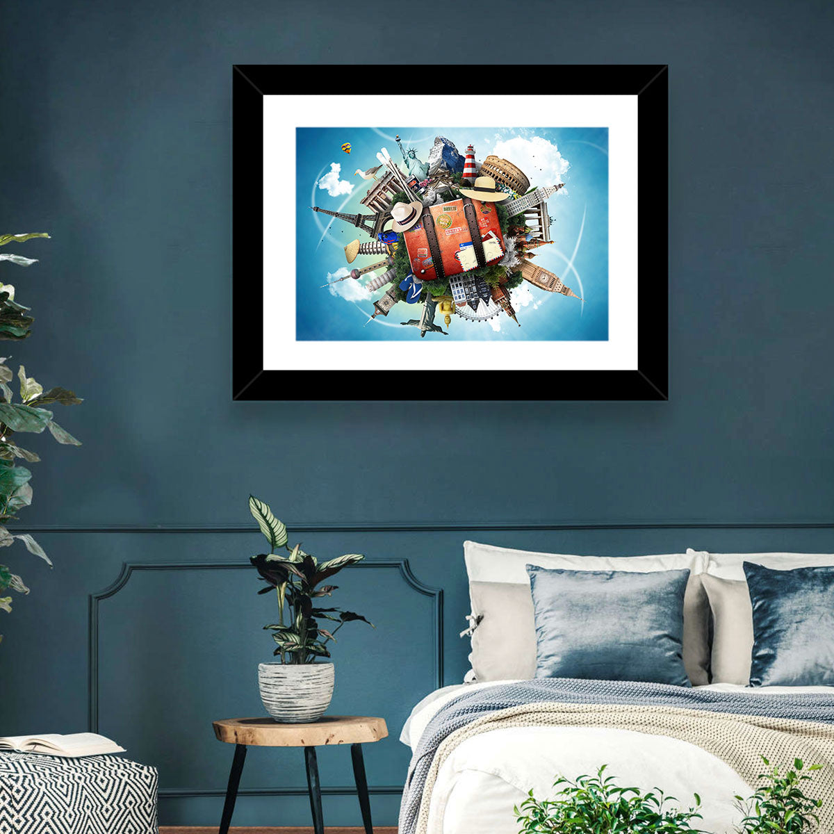 Suitcase and World Landmarks Montage Wall Art in a room, landscape