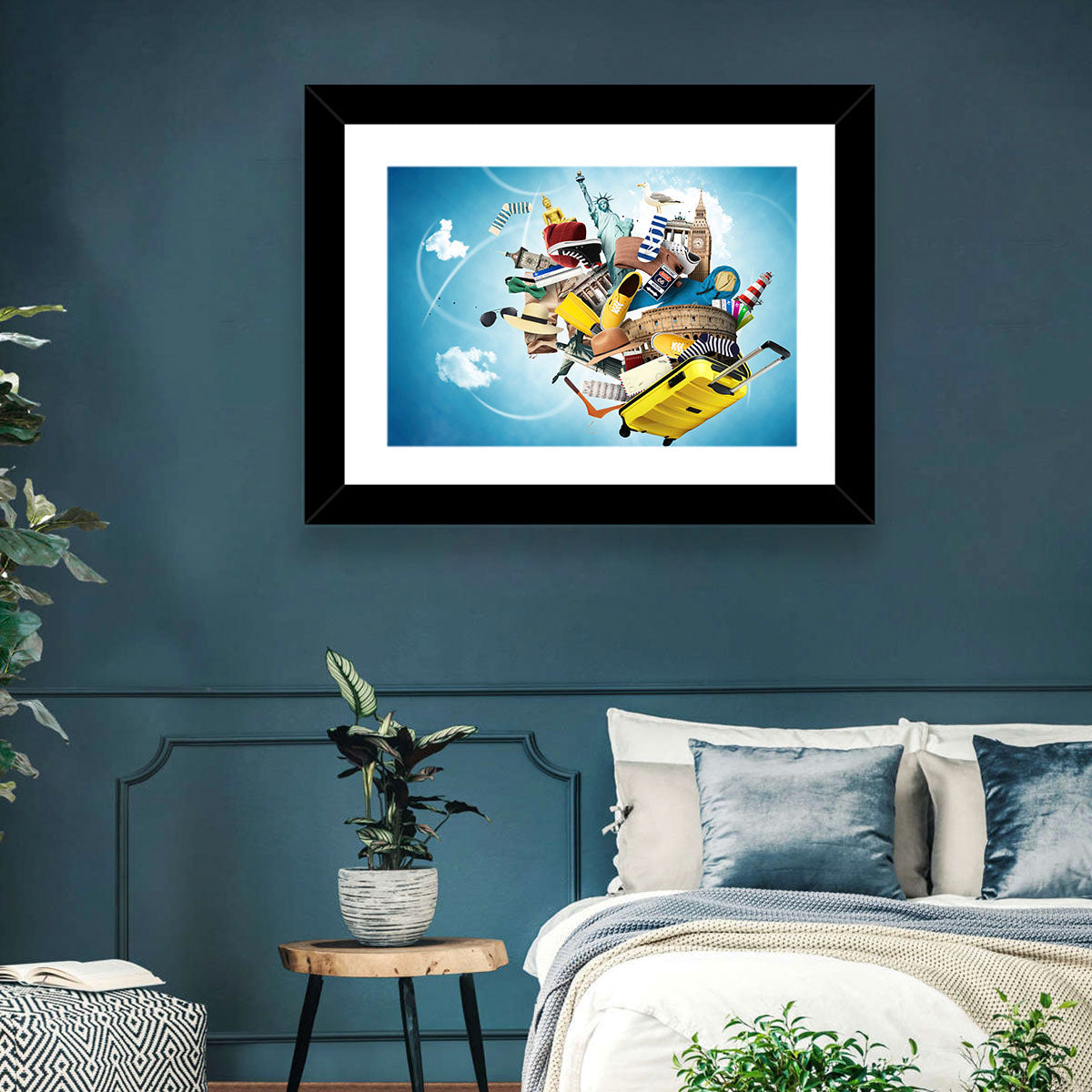 Floating Landmarks with Yellow Suitcase Wall Art in a room, landscape
