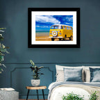 Yellow Vintage Van on Beach Wall Art