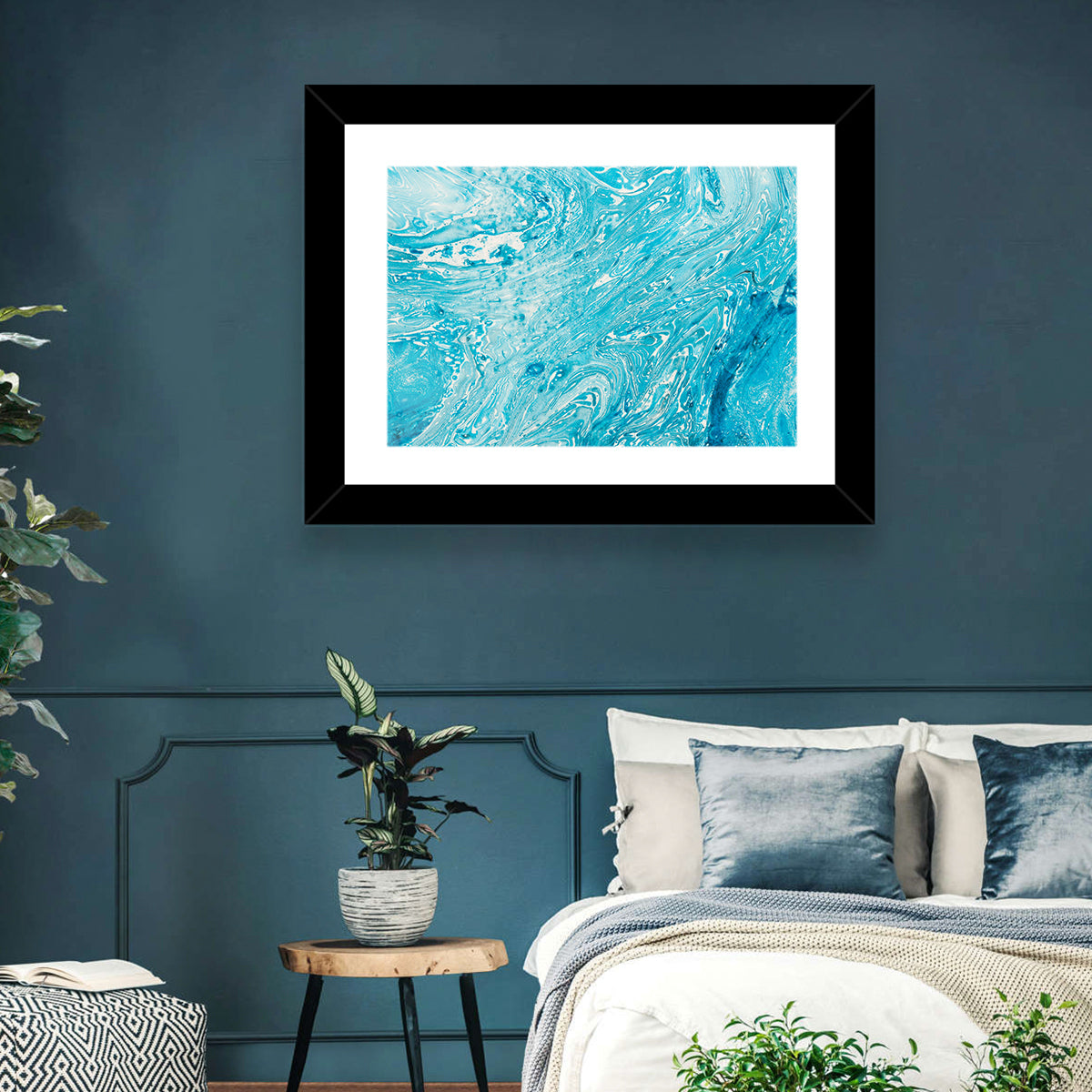 Cerulean Marbled Waves Wall Art in a room, landscape