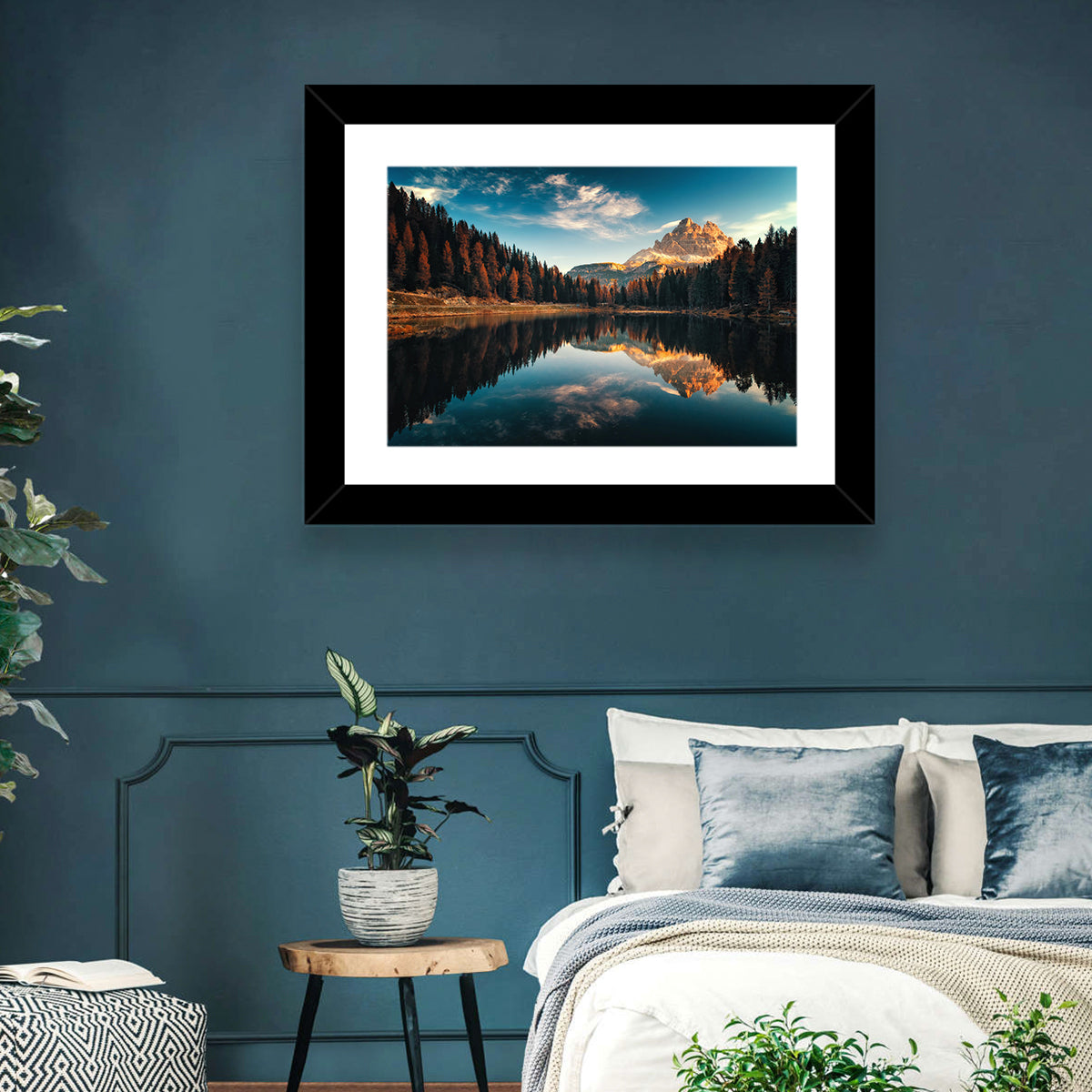 Lago Antorno Golden Hour Reflection Wall Art in a room, landscape