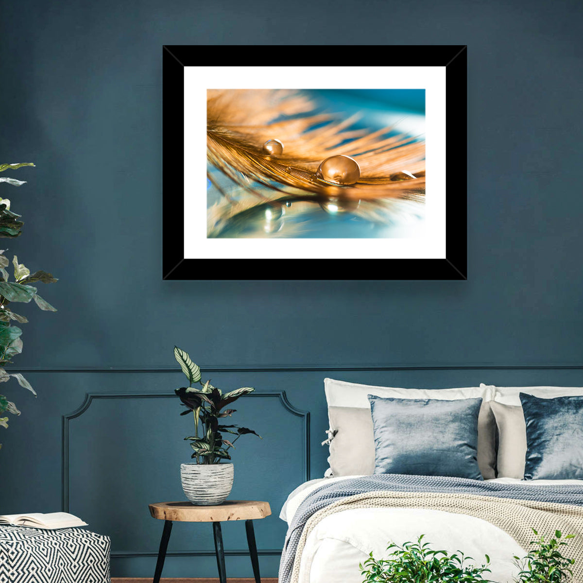 Golden Feather with Droplets Wall Art in a room, landscape