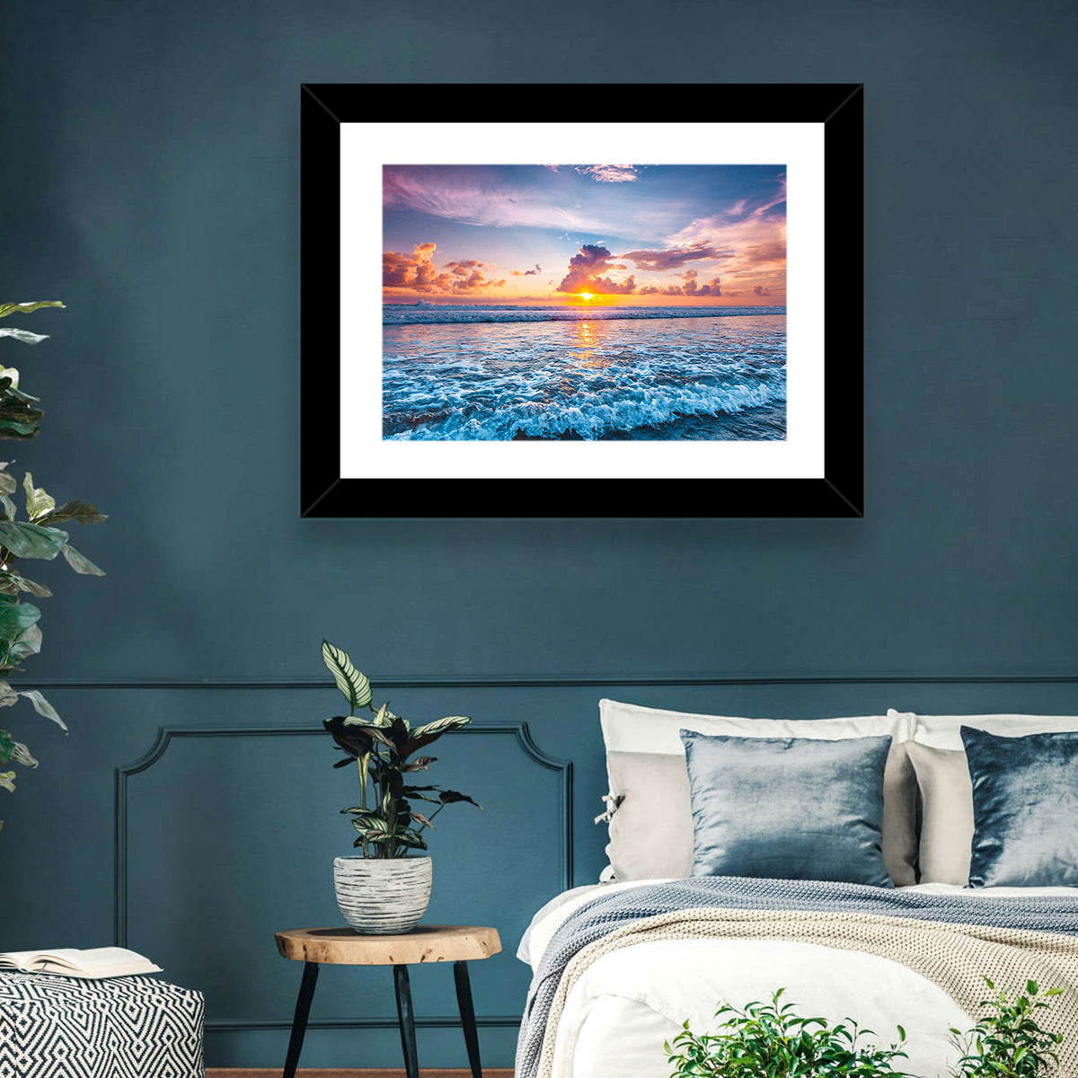 Sunburst Ocean Wave Wall Art in a room, landscape