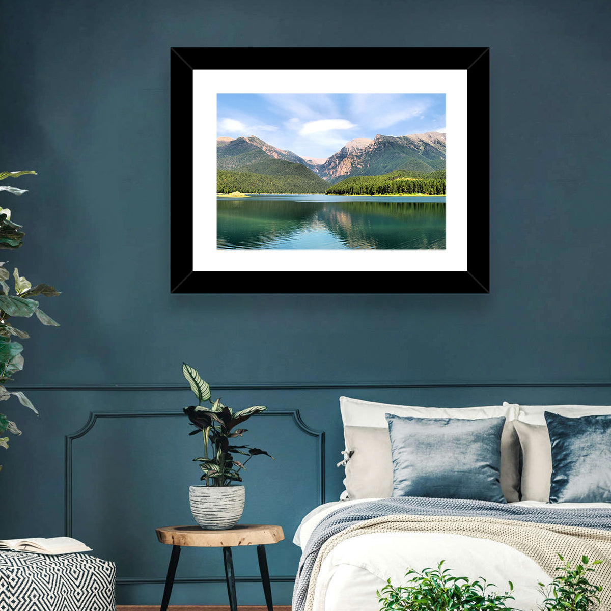 Mission Mountain Lake Reflection Wall Art in a room, landscape