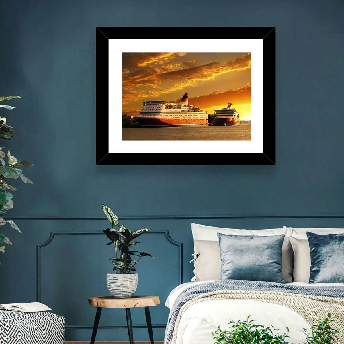 Red-hulled Cruise Ships at Dusk Wall Art in a room, landscape