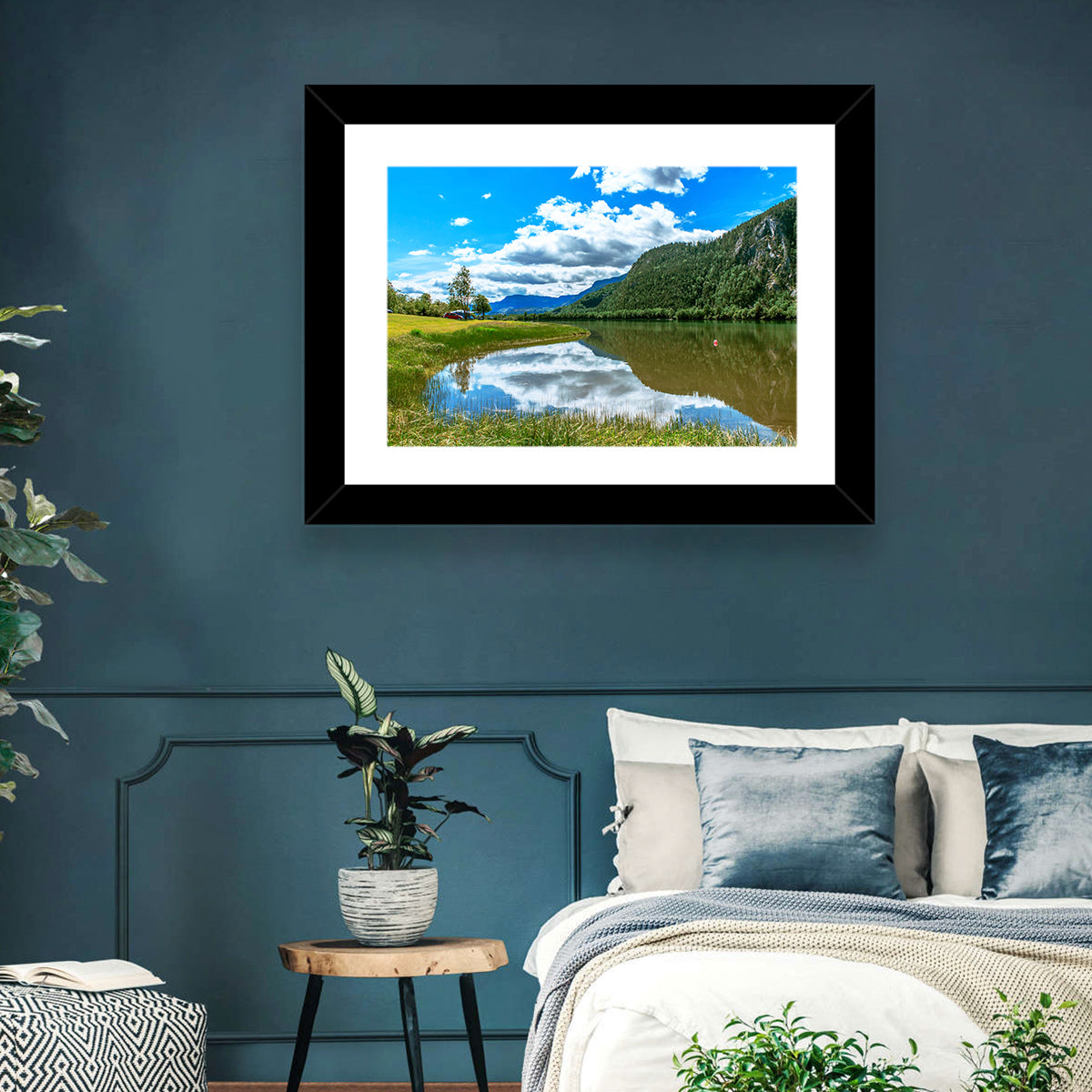 Lake Mjosa Reflection Wall Art in a room, landscape