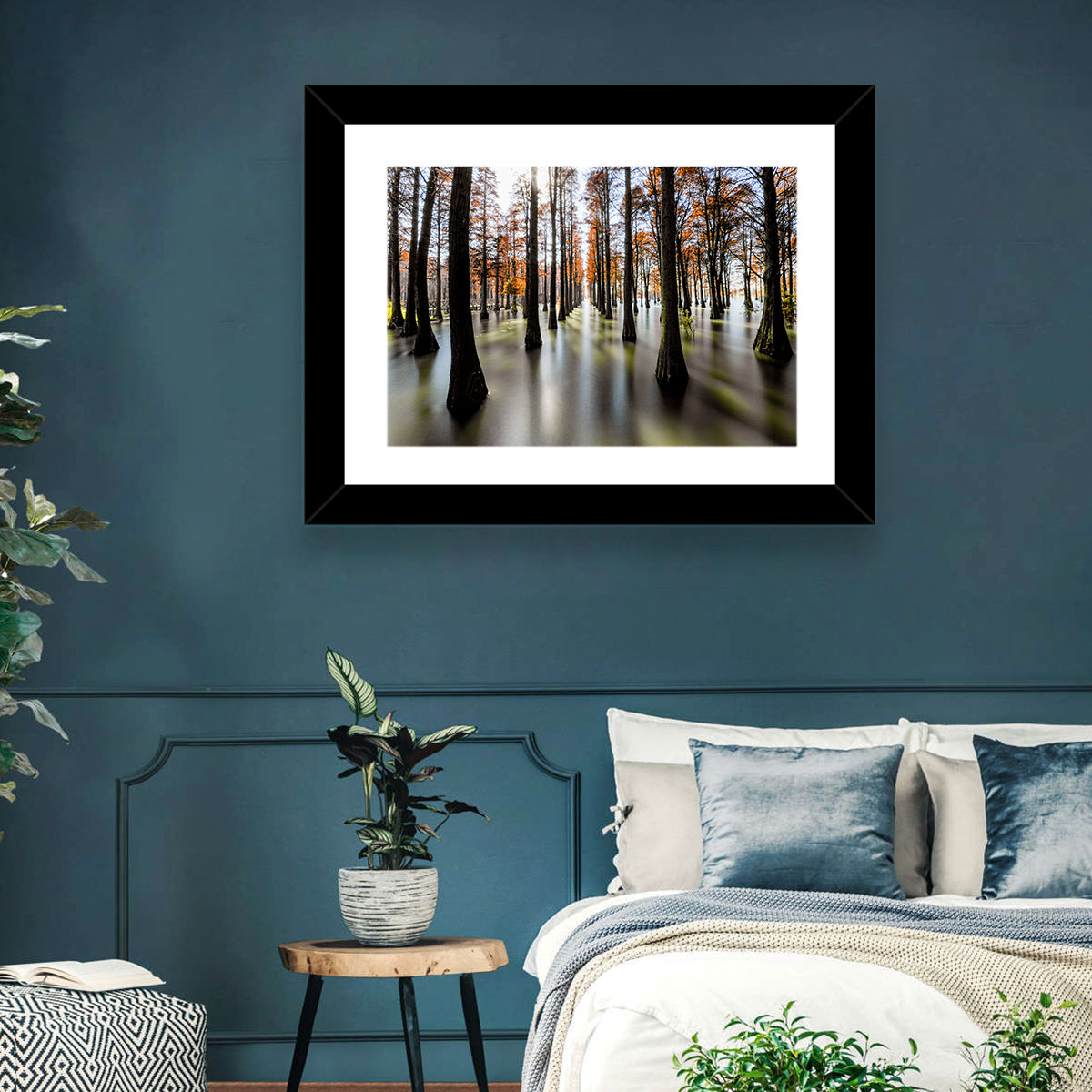 Autumn Flooded Cypress Forest Wall Art in a room, landscape