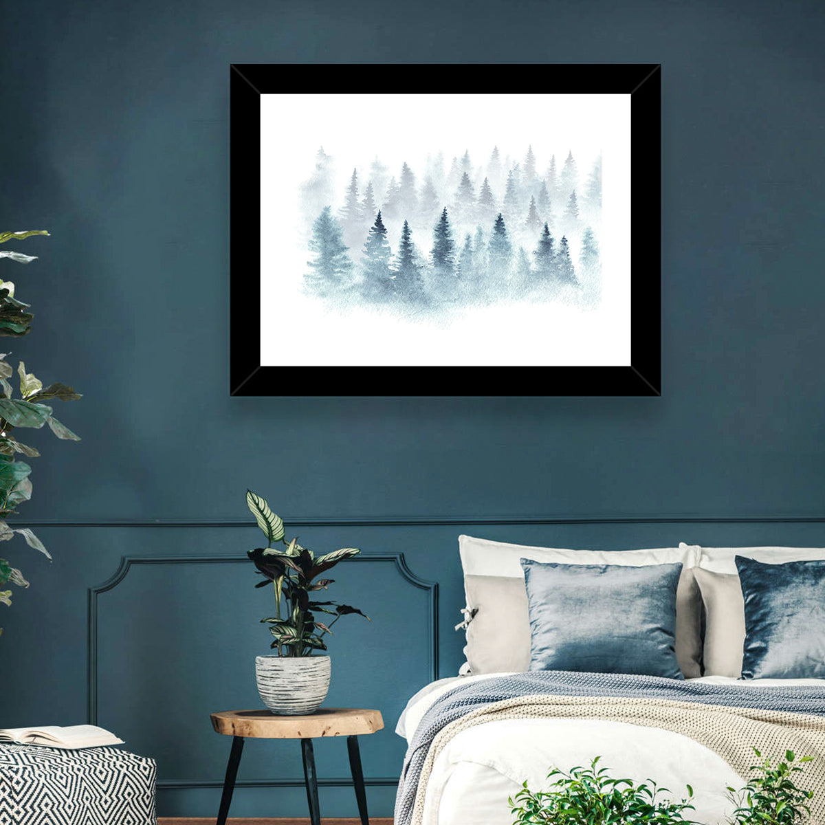 Misty Pine Forest Watercolor Wall Art in a room, landscape