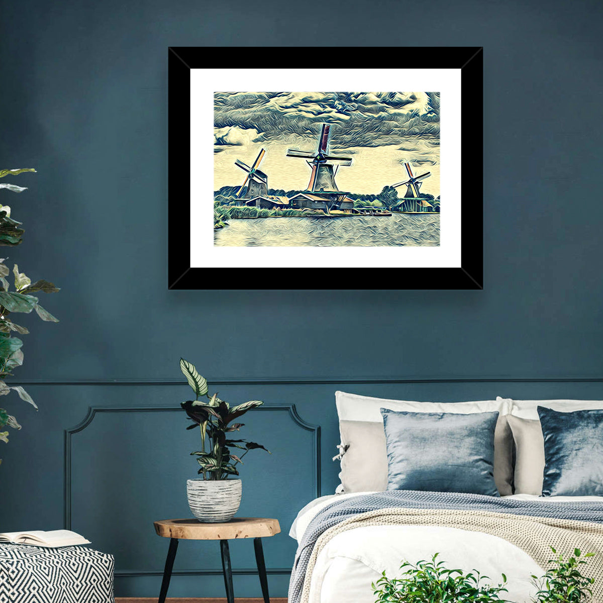 Three Vintage Windmills Wall Art in a room, landscape