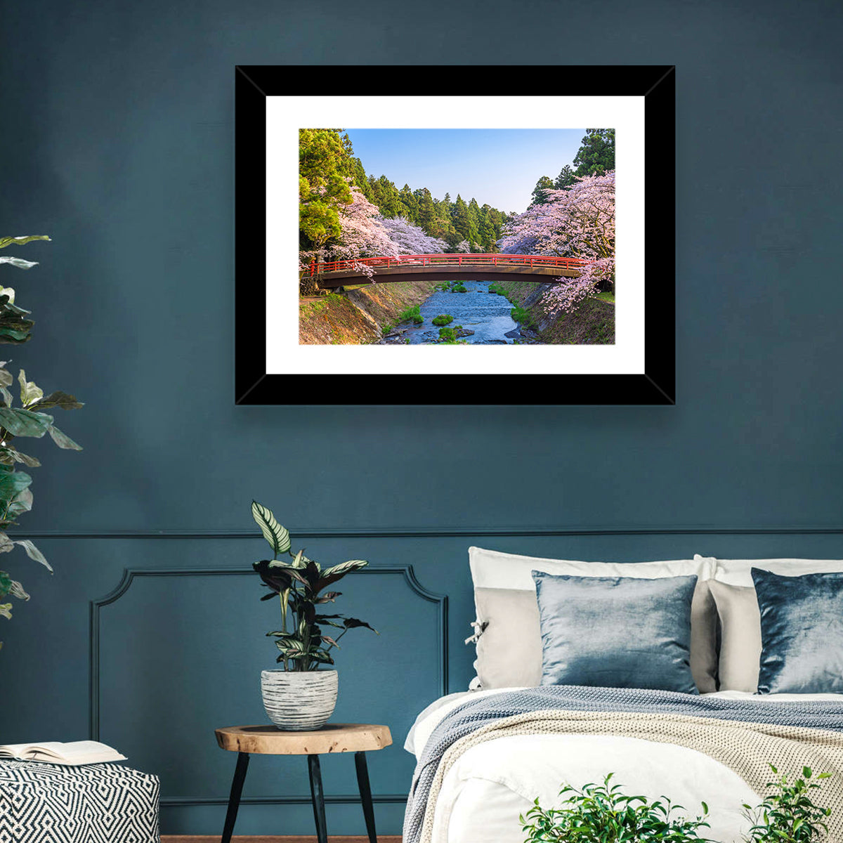 Arched Red Bridge with Cherry Blossoms Wall Art