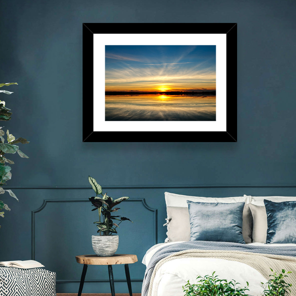 Oklahoma Lake Sunset Reflection Wall Art in a room, landscape