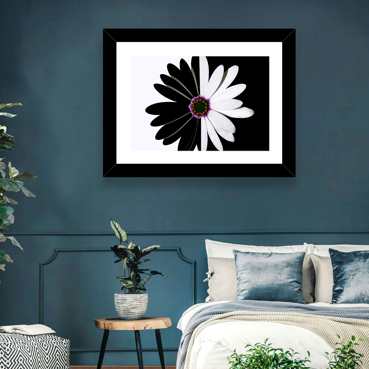 Black and White Daisy with Purple Ring Wall Art in a room, landscape