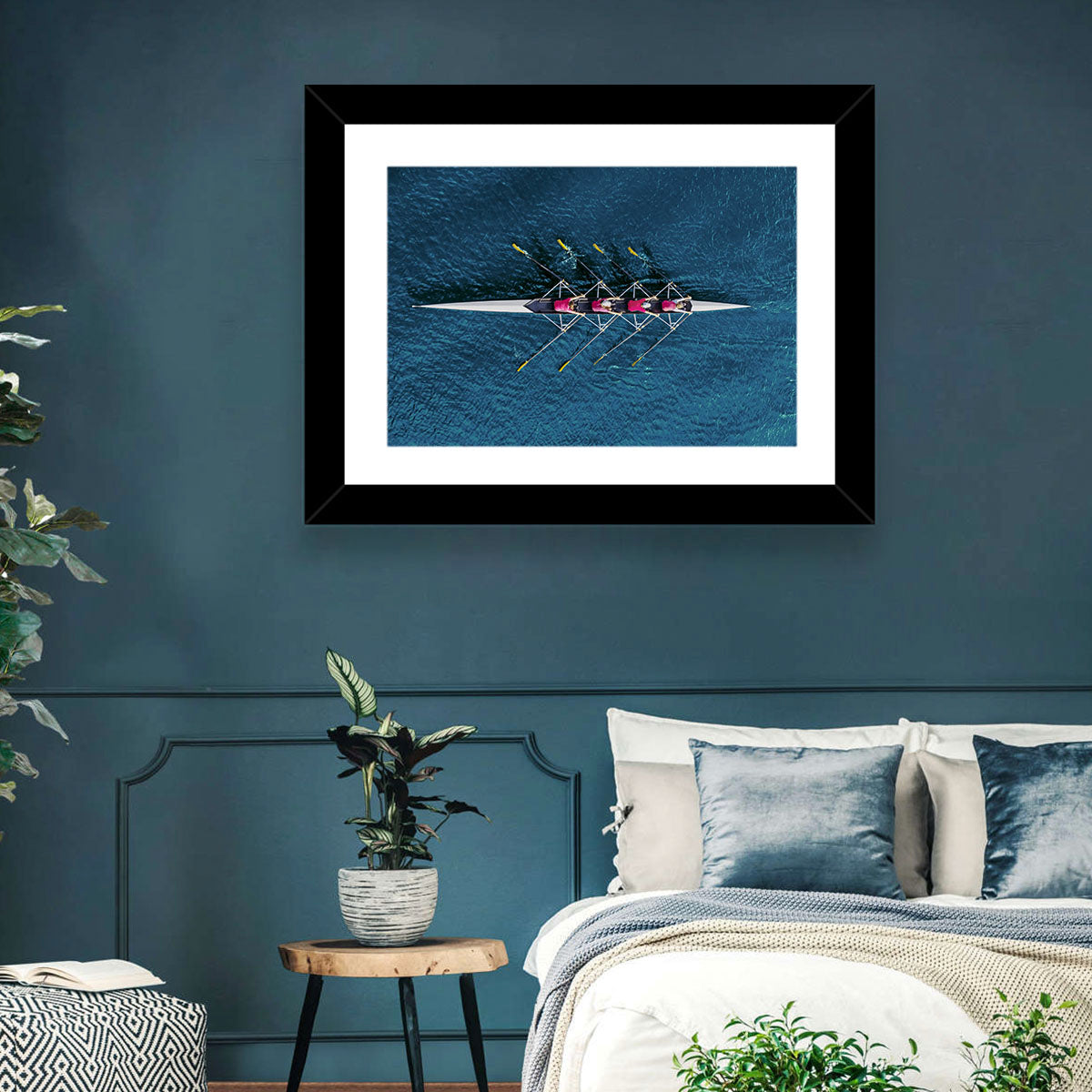 Four Rowers in Pink Shirts Wall Art in a room, landscape