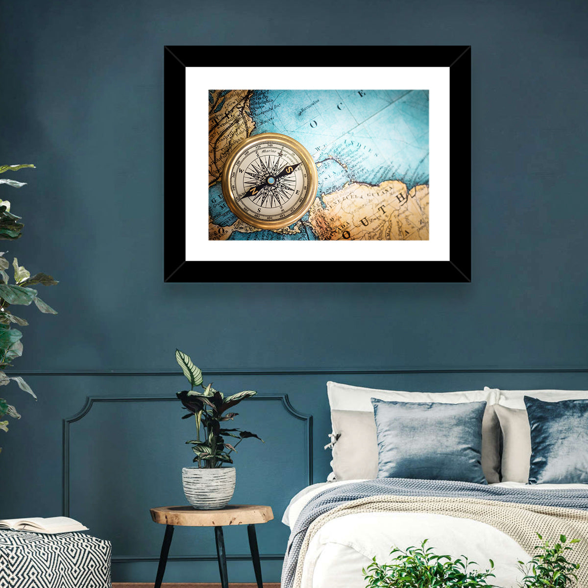Vintage Compass Over Atlantic Map Wall Art in a room, landscape