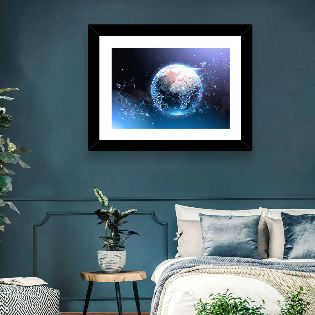 Wireframe Globe Network Wall Art in a room, landscape