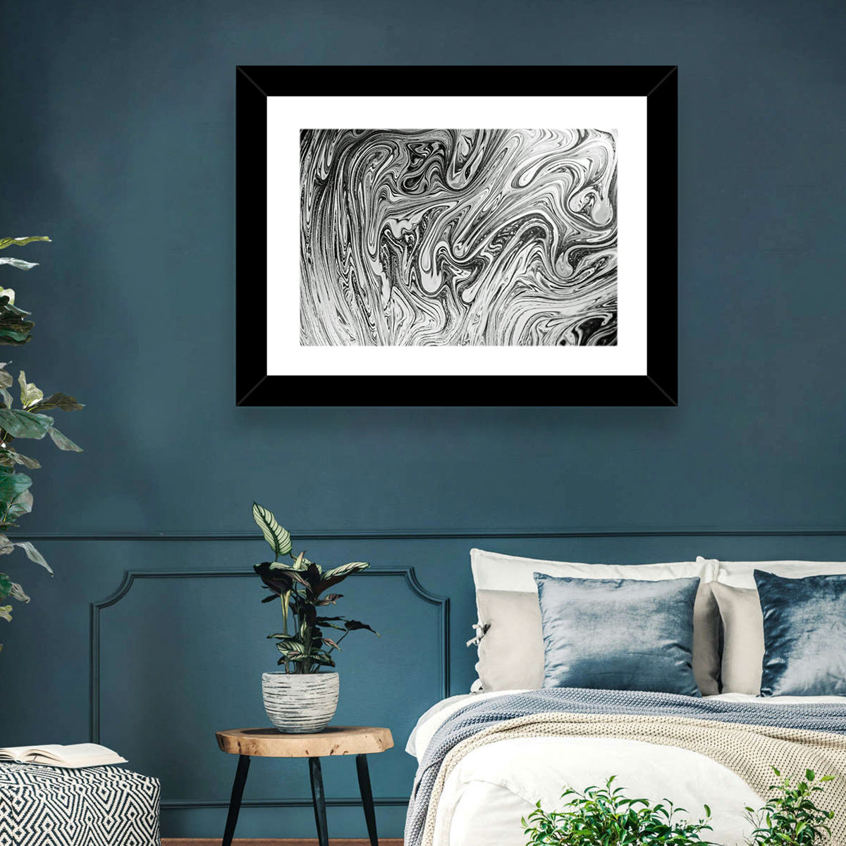 Ink Swirl Monochrome Abstract Wall Art in a room, landscape