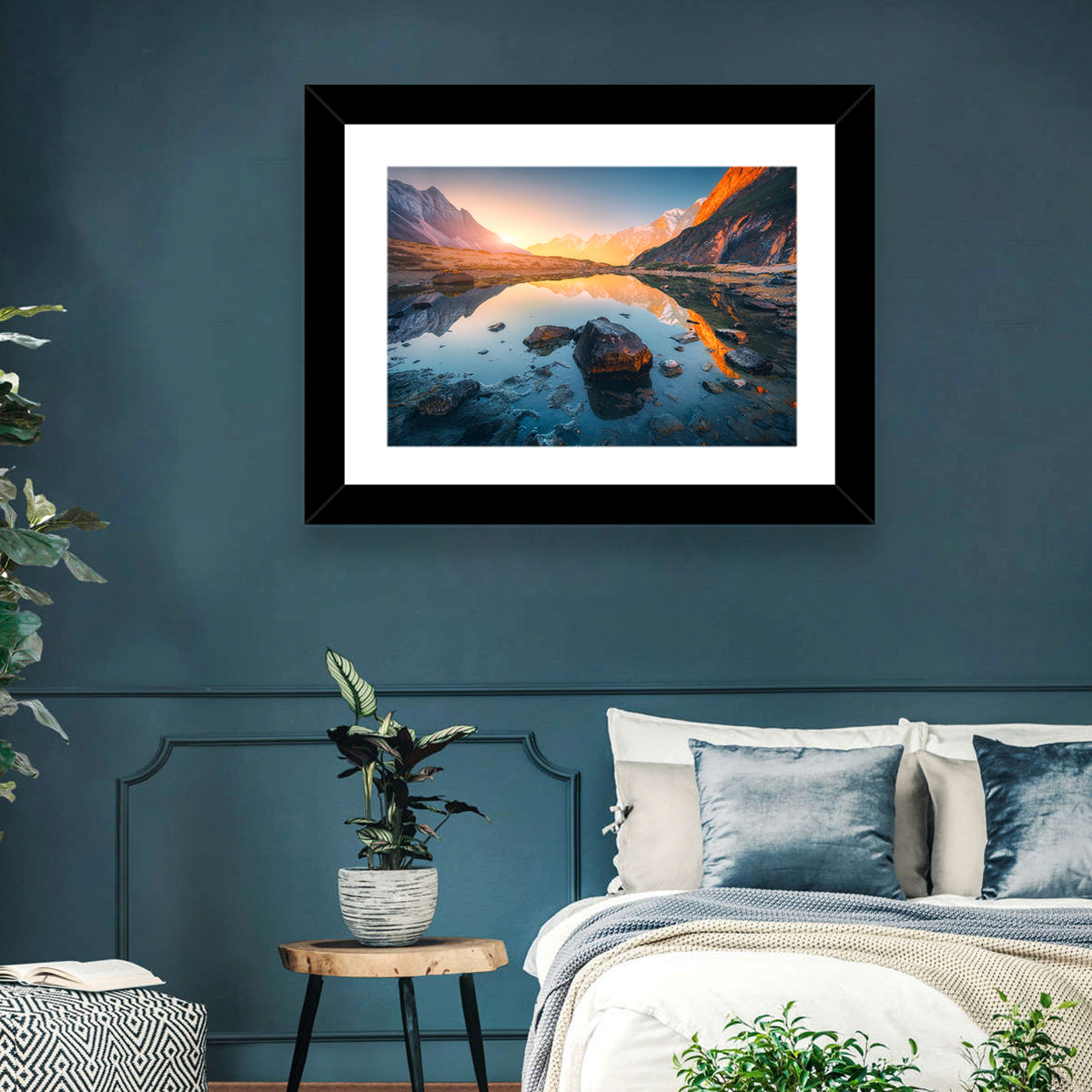 Himalayan Lake Reflections Wall Art in a room, landscape