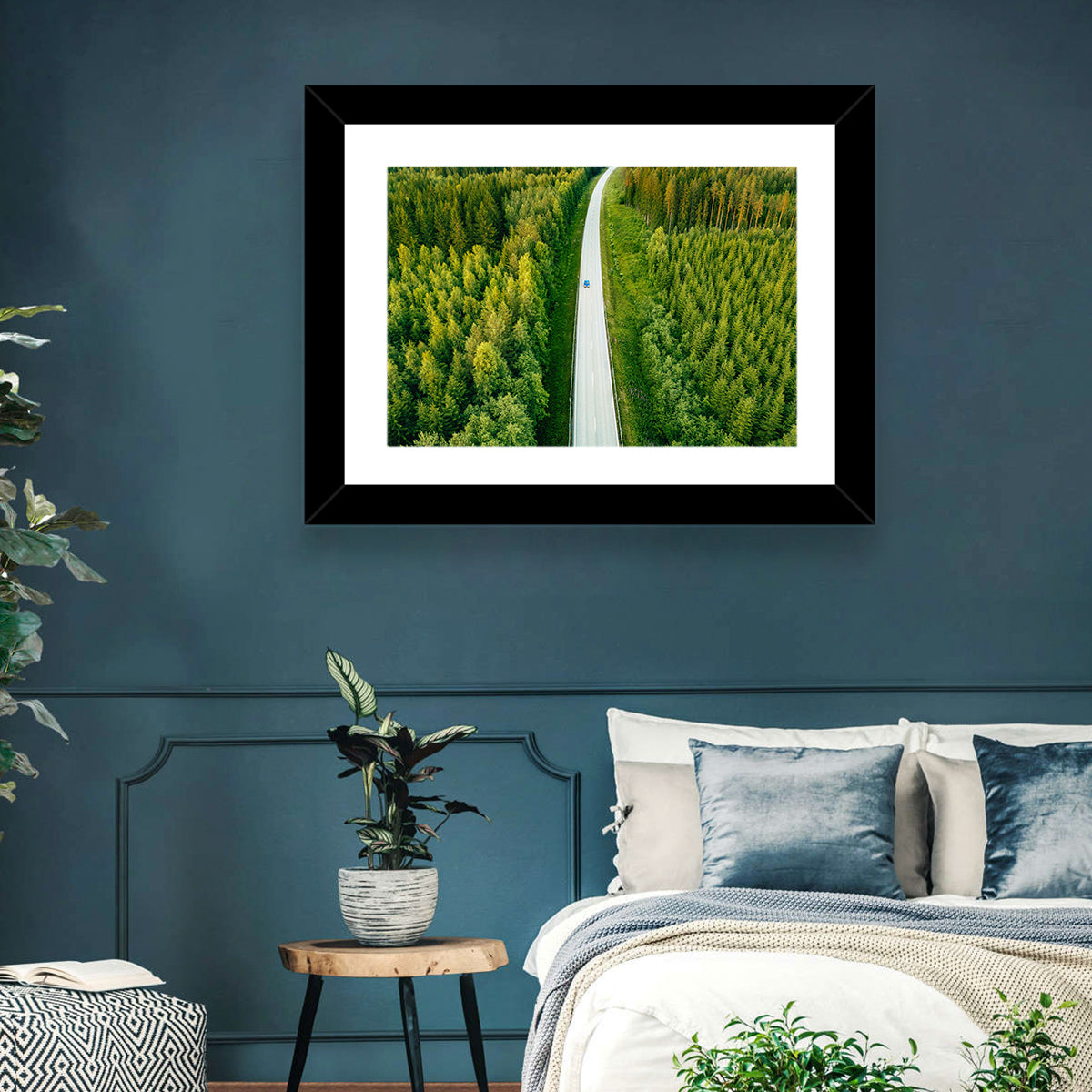 Blue Car on Forest Road Wall Art in a room, landscape