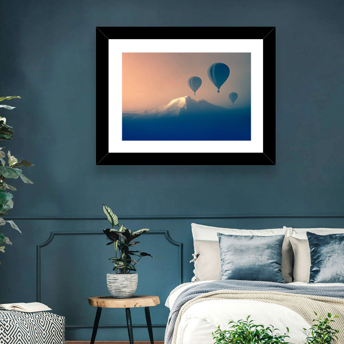 Three Hot Air Balloons Over Misty Peak Wall Art in a room, landscape