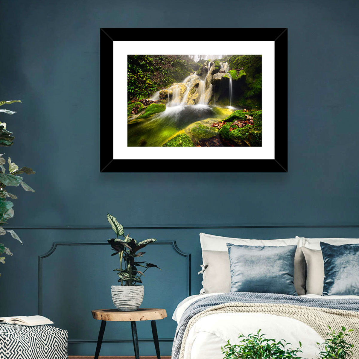 Cheile Nerei Mossy Waterfall Wall Art in a room, landscape