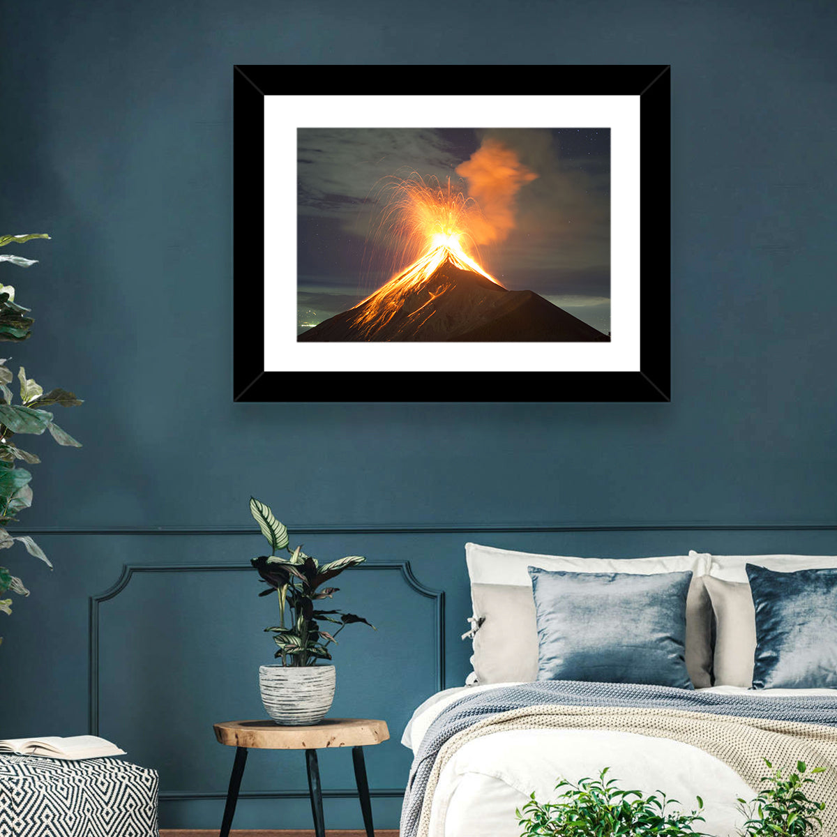Starry Night Volcano Eruption Wall Art in a room, landscape