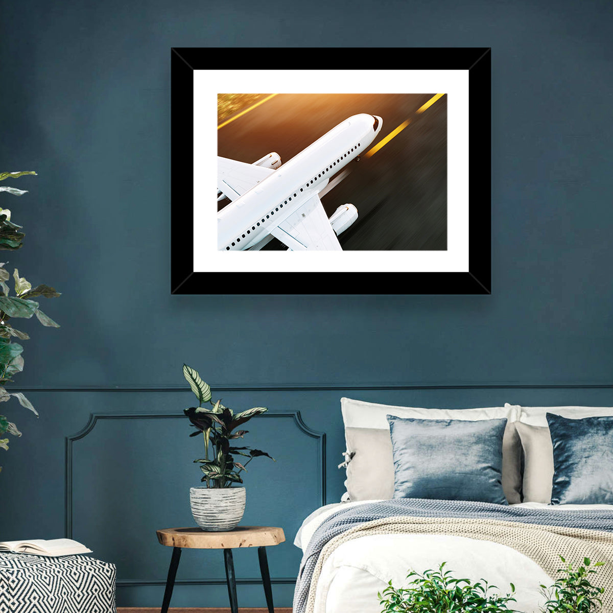 Commercial Jet Takeoff at Sunset Wall Art in a room, landscape