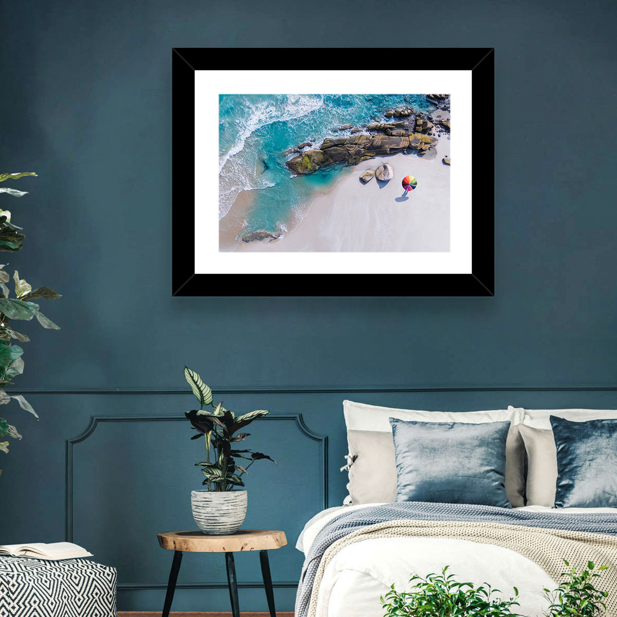 Aerial Beach with Rainbow Umbrella Wall Art in a room, landscape