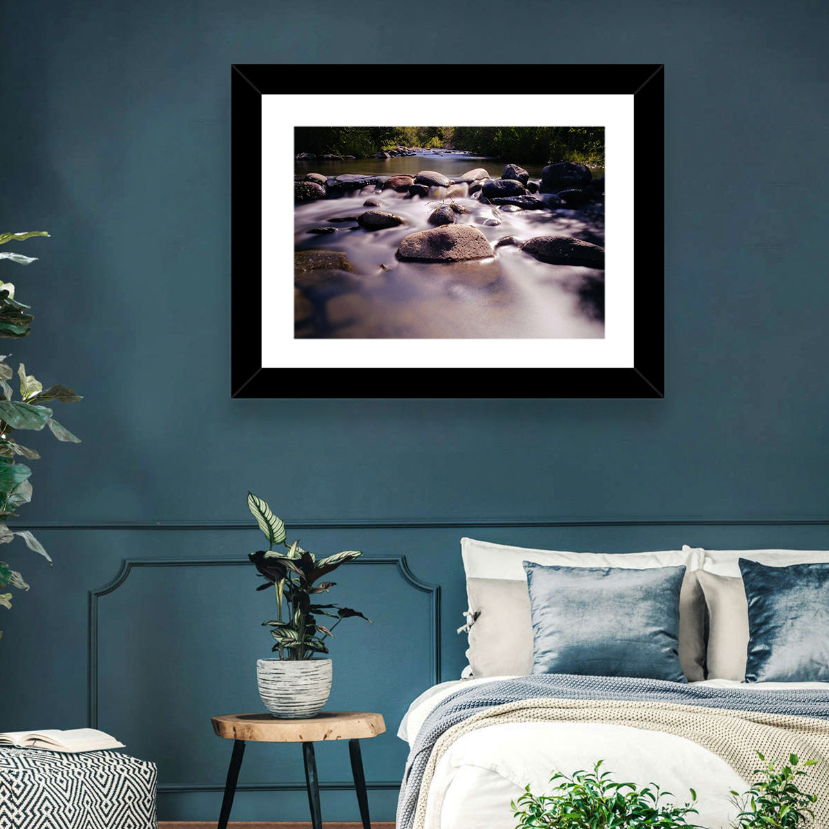Truckee River Sunlit Rocks Wall Art in a room, landscape
