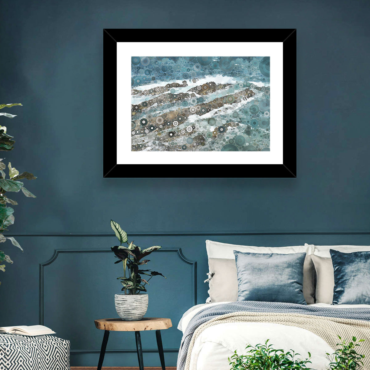 Teal Mosaic Ocean Wave Wall Art in a room, landscape